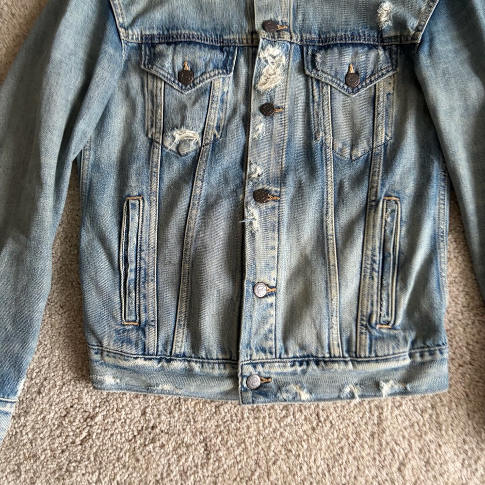 ABLE Women's Merly Denim Trucker Jacket Distressed Blue Closet Staple Sz Medium - Picture 5 of 14
